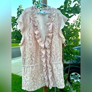 Light pink lace, & ruffle, tie front work/dress/casual blouse!